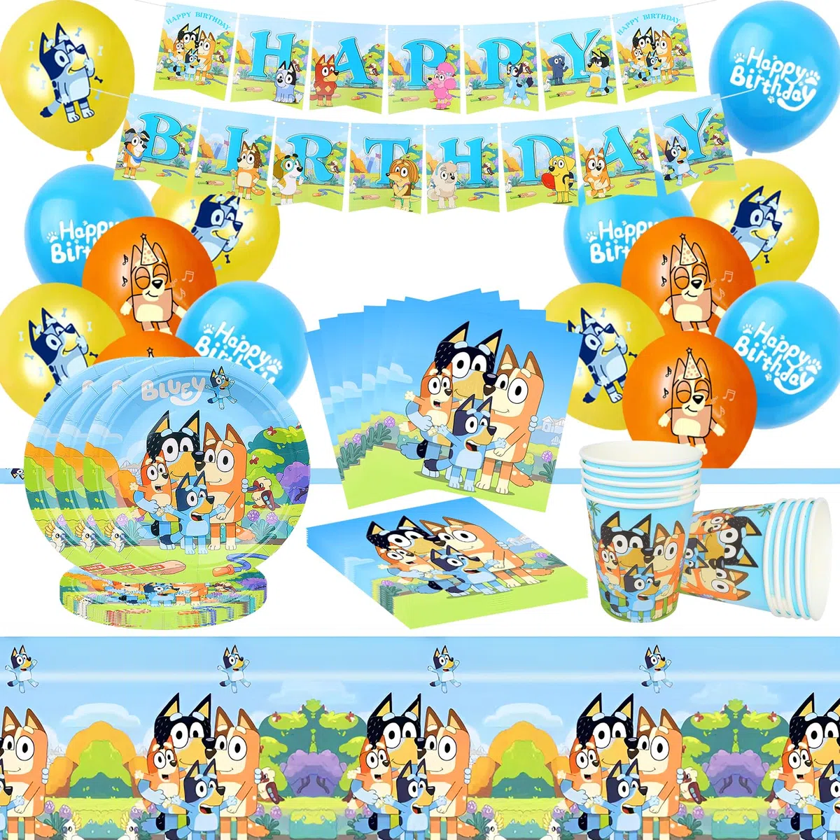 Bluey Decoración Cumpleaños, 60 Piezas Vajilla Cumpleaños, Juego de Vajilla para Decoración de Fiesta de Cumpleaños Bluey Incluir Banner, Globos, Vasos, Servilletas, Manteles, Platos de Papel