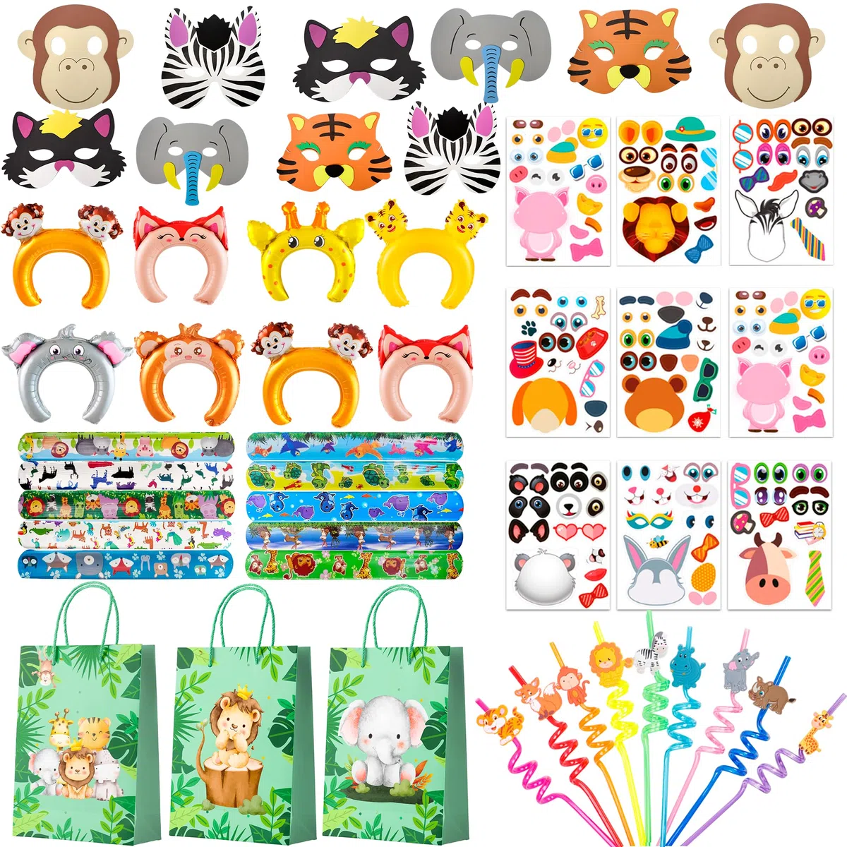 Obsequios para Fiestas en La Selva,60 Pcs Animales Selva Regalos Cumpleaños-Jungle Animal Bolsas Regalos Slap Bracelets Diadema etc Safari Animales Fiesta Regalos