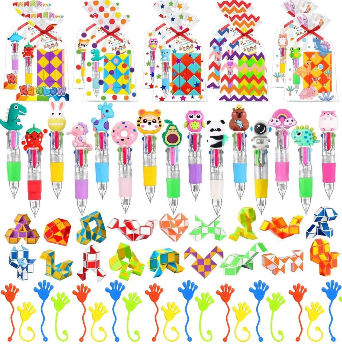 Detalles Cumpleaños Infantiles Regalos Cumpleaños Niños Colegio Bolígrafos Bonitos Colores 4 in 1, Cubos Mágicos y Manos Pegajosas con Bolsitas de Regalo y Etiquetas de Cumple (24)