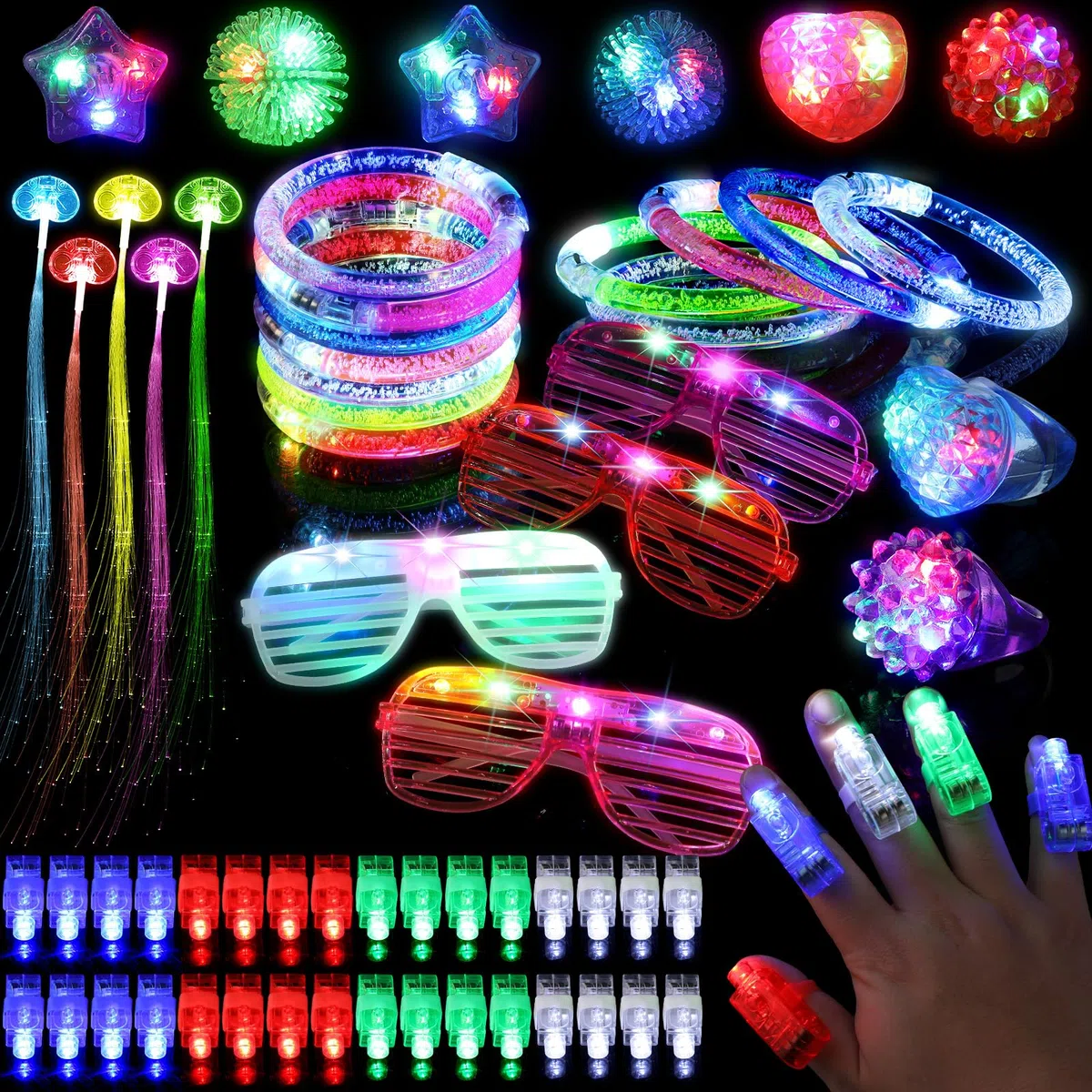 Juego de juguetes luminosos LED de 64 piezas para fiestas - Accesorios de fiesta brillan en la oscuridad con luces para dedos (40), anillos luminosos LED (8), gafas intermitentes (4