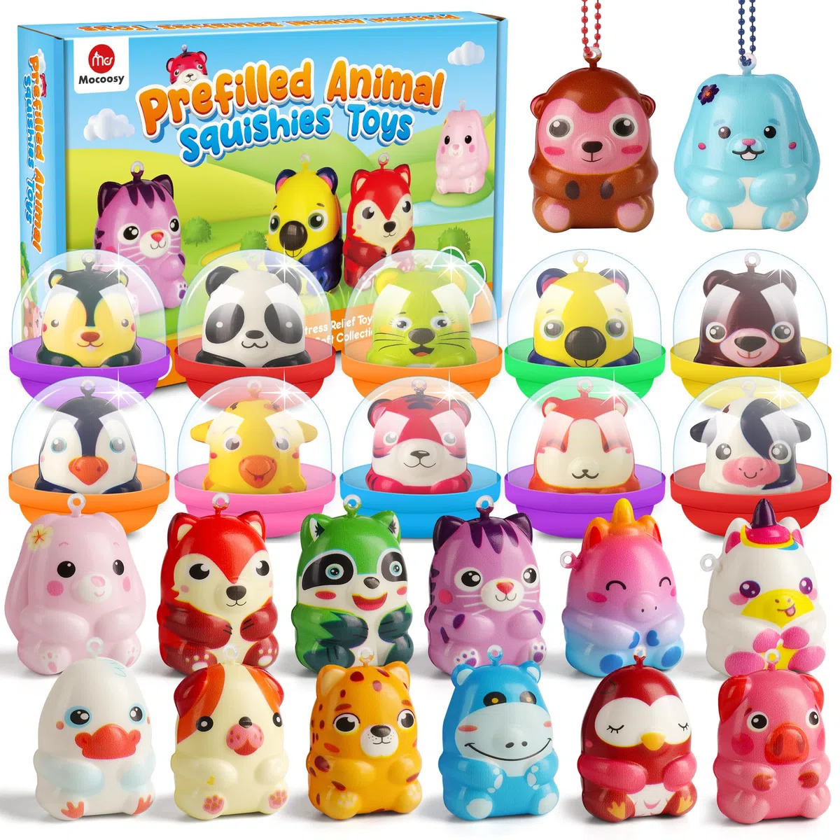 Mocoosy 24 Piezas - Juguetes Squishy de Animales, Rellenos para Bolsitas de Fiesta, Regalos para Cumpleaños Infantiles, Relleno para Piñatas, Premios Escolares Juguetes Antiestrés para Niños y niñas