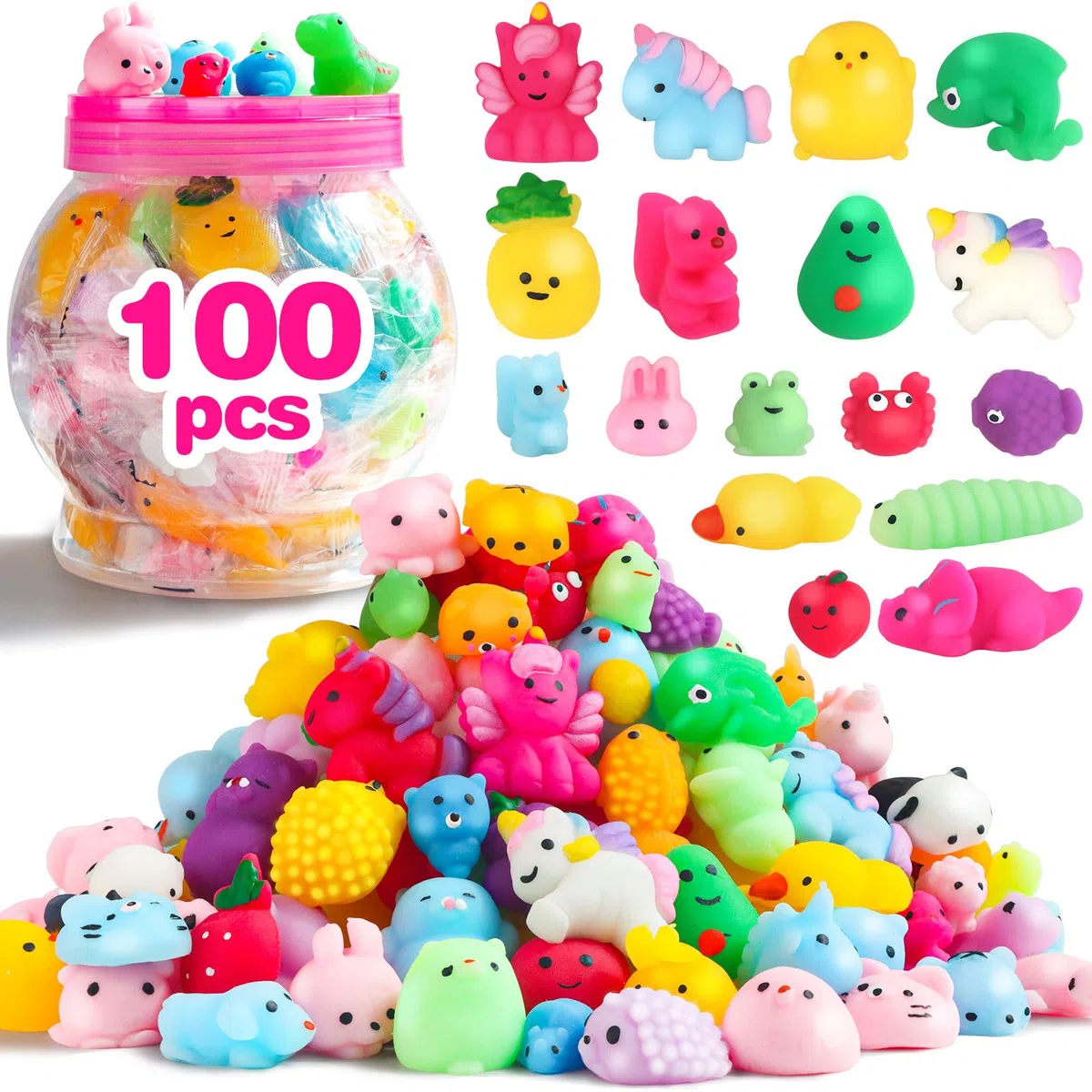 FUNNYB&G Mochi Squishies - 100 Pcs Mini Kawaii Squishy Squeeze Juguetes Piñata Cumpleaños Infantil, Regalos Cumpleaños Niños Colegio, Detalles Cumpleaños Niños (Clásico 100)