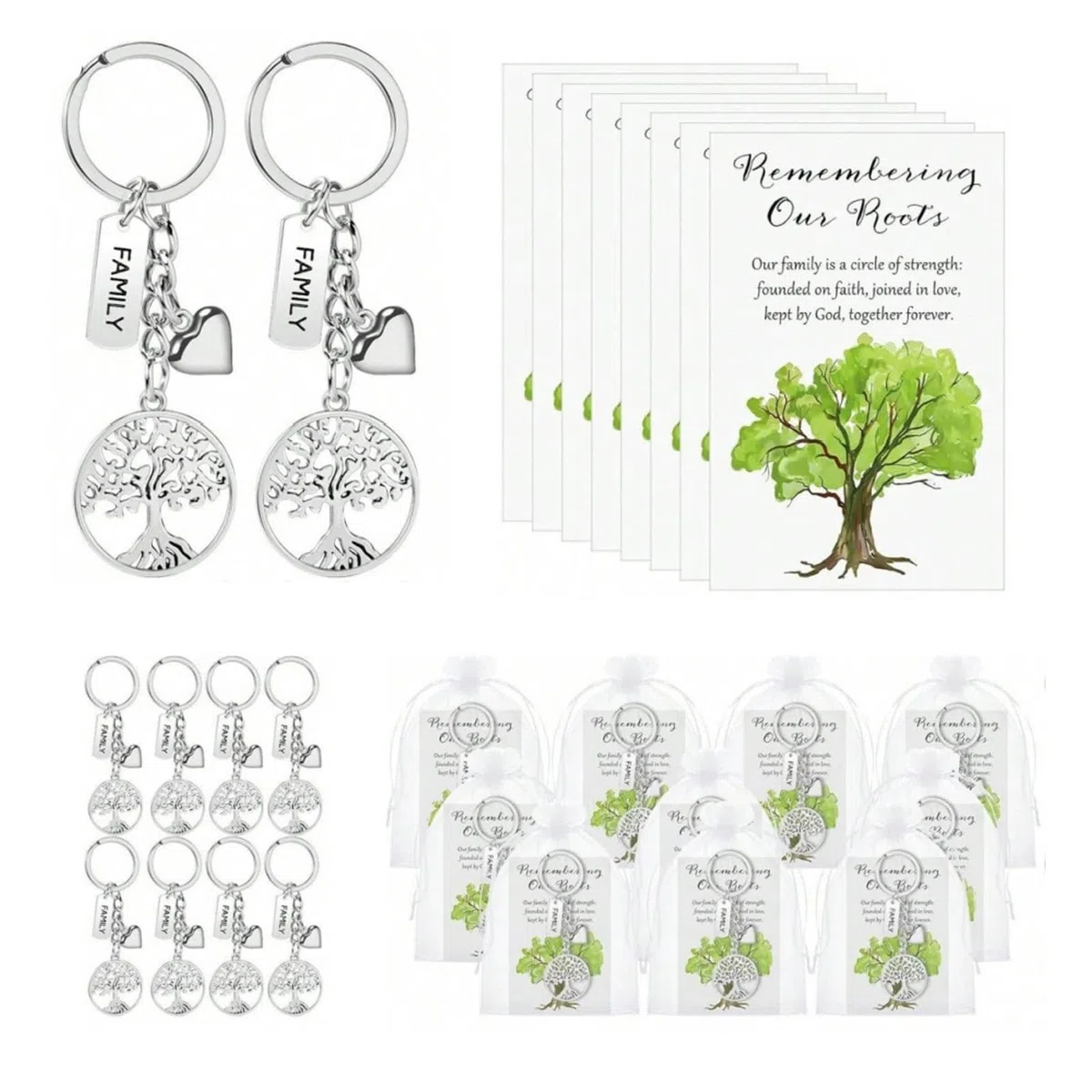 Lote de 24 Llaveros Árbol de la Vida con Tarjetas y Bolsitas, Detalle para Invitados de Bautizo, Comunión, Boda, Regalo de Reunión Familiar, Detalles Navideños, para Colegas