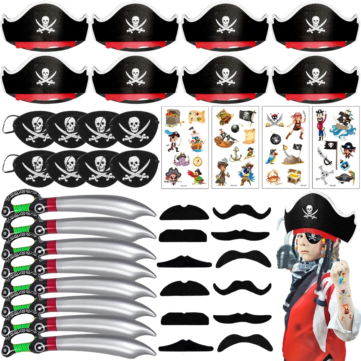 40 Piezas Disfraz Pirata Niño, Sombrero Pirata Niños, Parches Piratas, Complementos Disfraz Pirata, Sombrero Pirata Cumpleaños para 5 6 7 8 9 Años Favores de Fiesta de Cumpleaños