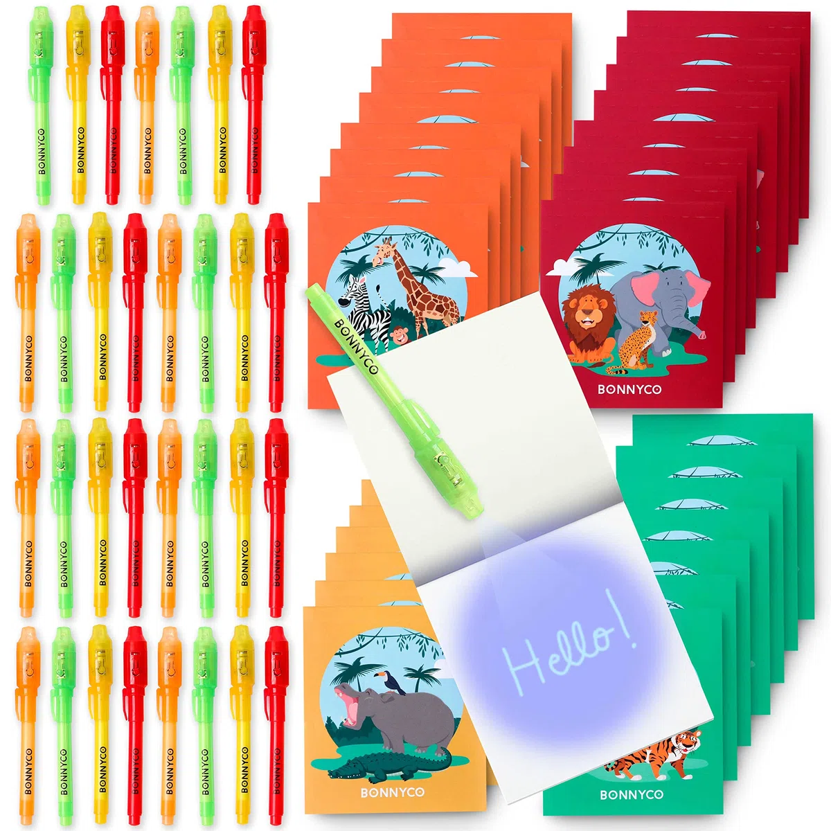 BONNYCO Boligrafo Tinta Invisible y Libreta Animales de la Selva, Pack de 32 Regalos Cumpleaños Niños Colegio. Detalles Cumpleaños Niños, Relleno Piñata. Regalos Alumnos Primaria Fiesta Infantil